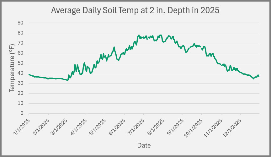 Line graph showing average daily soil temperature at a 2-inch depth in 2025. Temperatures rise from the upper 30s in January to the mid- to upper 70s in summer, then decline to the upper 30s by December.